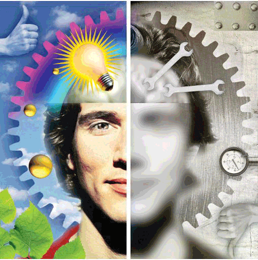 Een illustratie in kleur van Rick Nease waarmee de twee hersenhelften worden uitgebeeld: creativiteit aan de rechterkant en logica aan de linkerkant ©BELGA_MAXPPP_Rick Nease